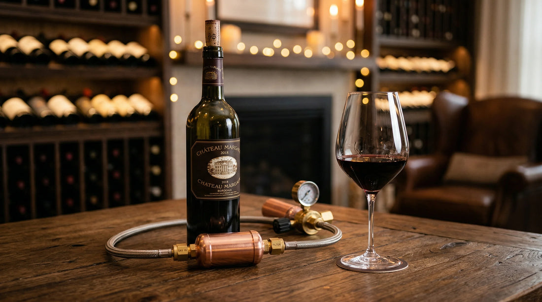 Red wine bottle with copper N2O filter and regulator in wine cellar preservation setup