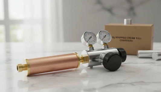 Whipped cream chargers near me with Whippiphany N2O filter and dual-gauge regulator for safe culinary use