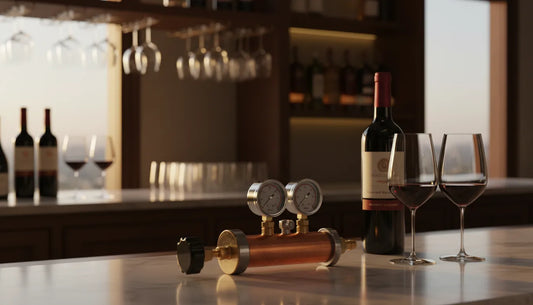 Wine preserver argon gas setup beside Whippiphany Deluxe 2.0 N2O regulator on a wine bar.