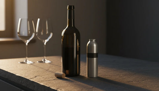 Opened red wine bottle next to a small inert gas wine preservation canister on a slate countertop with stemmed glasses in the background