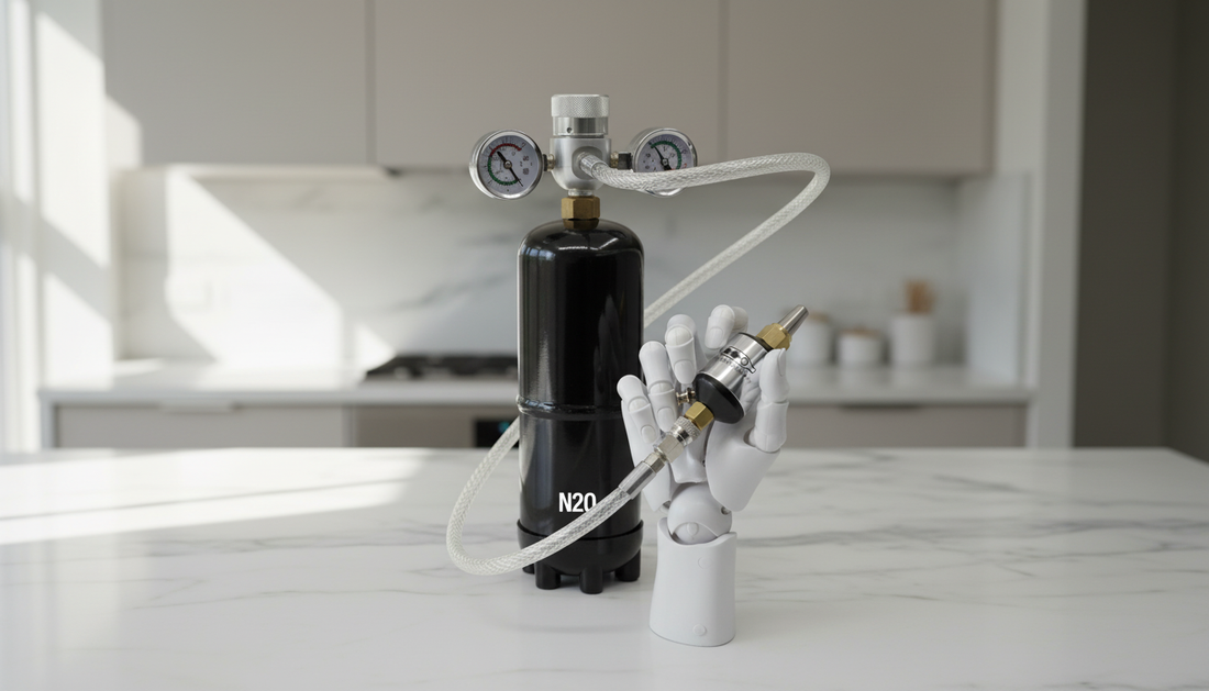 Whippiphany Deluxe 2.0 nitrous oxide regulator with dual pressure gauges on a clean kitchen workspace