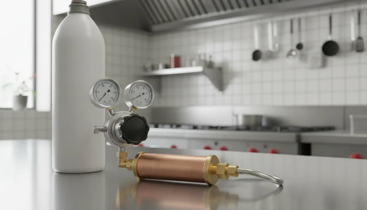 Nitrous oxide hazard classification shown on an N2O cylinder next to a regulator and Whippiphany filter